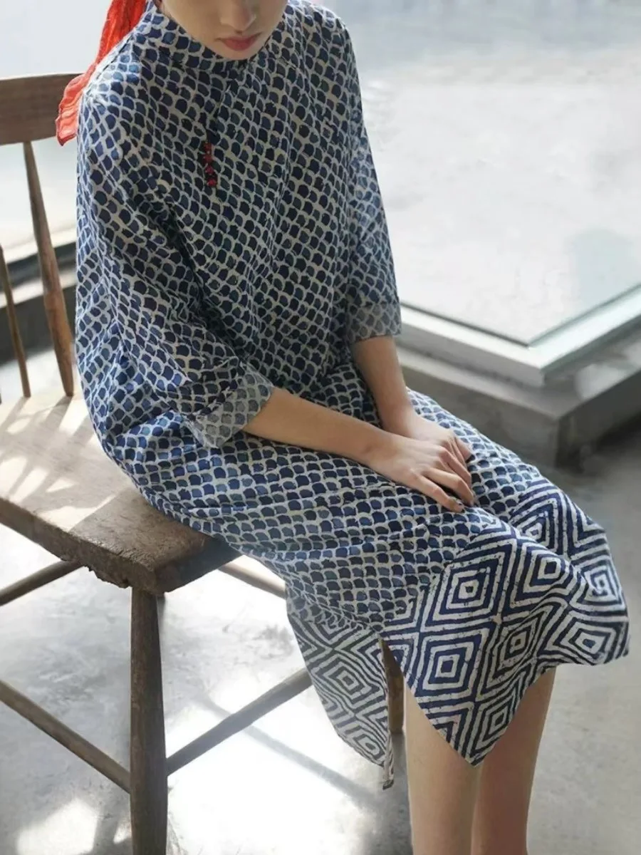 Artistique n coton lin Dr Zen ethnique Sle thé Costume taille ample longue Sve jupe trapèze pour tenue décontracté