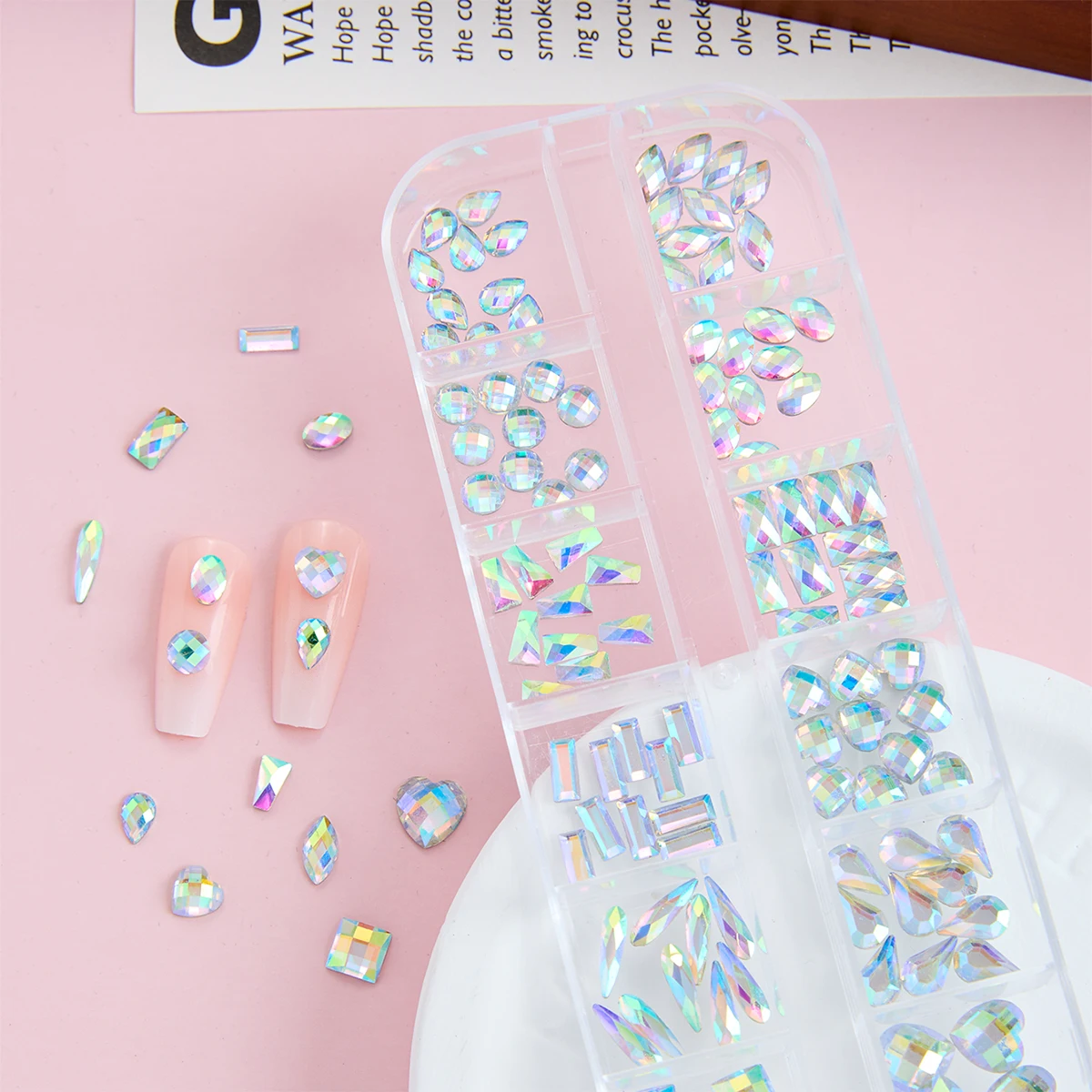 1Box Exquite Gradient Heart Square Droplet Nail Rhinestones Flatbackt Semi-circular Nail Art Decorations DIY French Nails Crafts