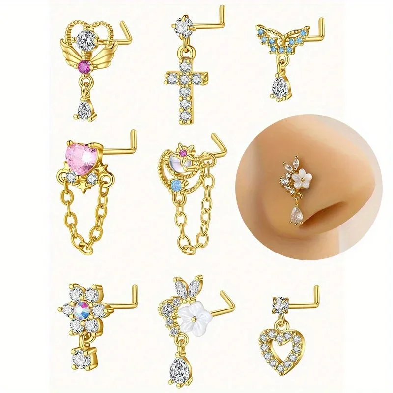 12pc Nose Rings Nose Stud Rings L Shaped Nose Stud Nose Ring Studs Flower Heart Butterfly Moon CZ Dangle  Body Piercing Jewelry
