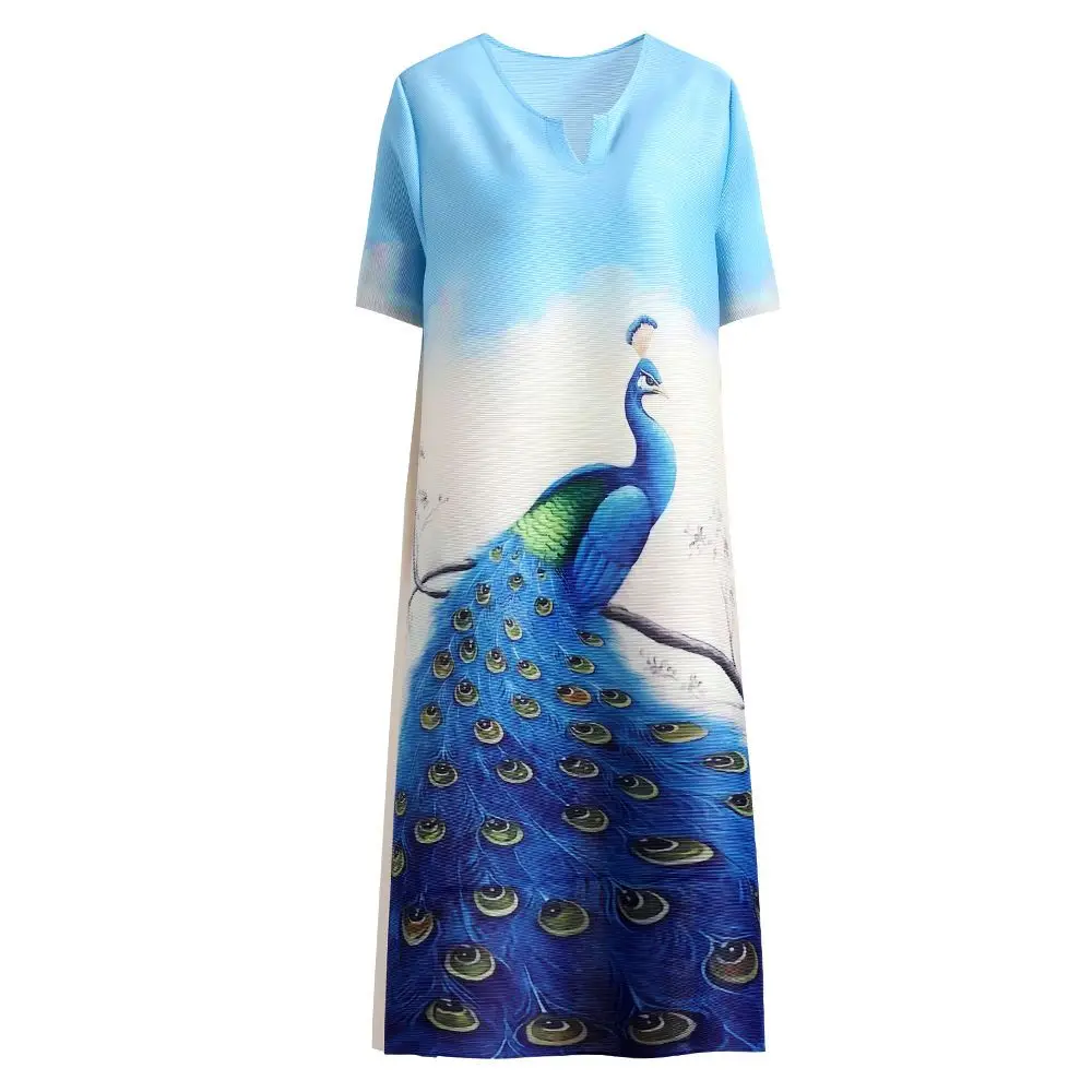 Pleated Dress Women's 2023 Summer Vintage Short Sleeve Straight Simple Dress Large Loose Positioned Printed Dress