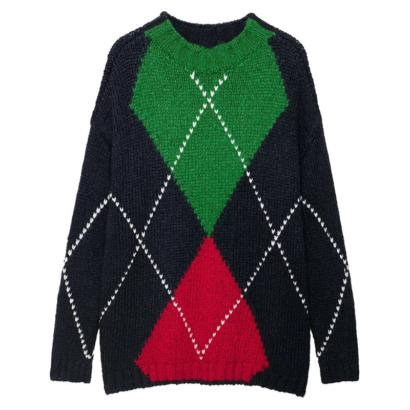 Maxdutti Minimalist Southern France Contrasting Color Round Neck Loose Diamond Knit Women's Sweaters And Pullovers Woman Clothes