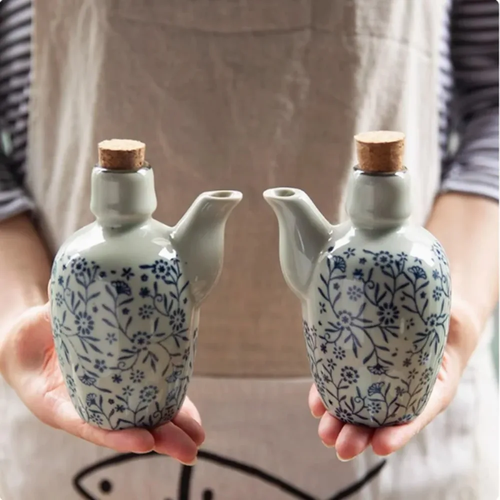 Retro Blue Floral Porcelain Cruet Bottle with Wooden Cork Lid Spout Ceramic Dispenser Oil Condiment Storage Home Kitchen Decor