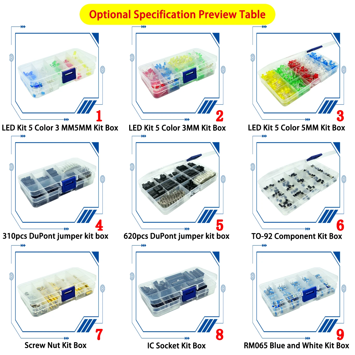 17 kinds of kit box LED3MM5MM/310PCS620PCS/TO-92/screws/IC sockets/switches/keys Boxed LED lamp/transistor/DuPont jumper head