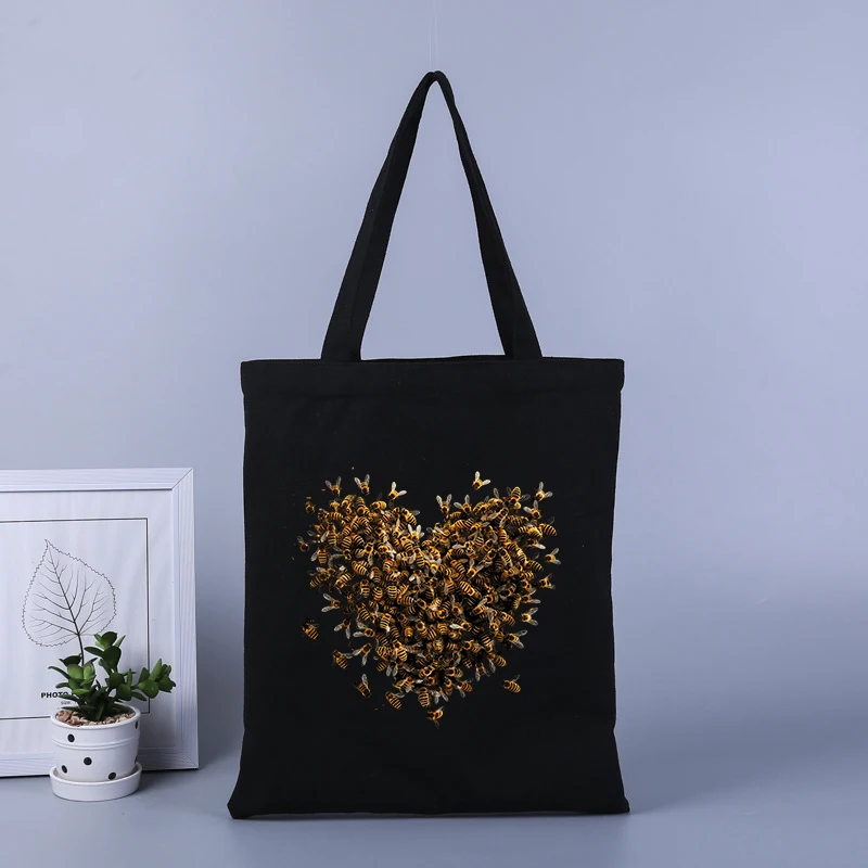 Bolsa de compras de lona con estampado de abeja, bolso de mano de gran capacidad, bolso escolar para estudiantes