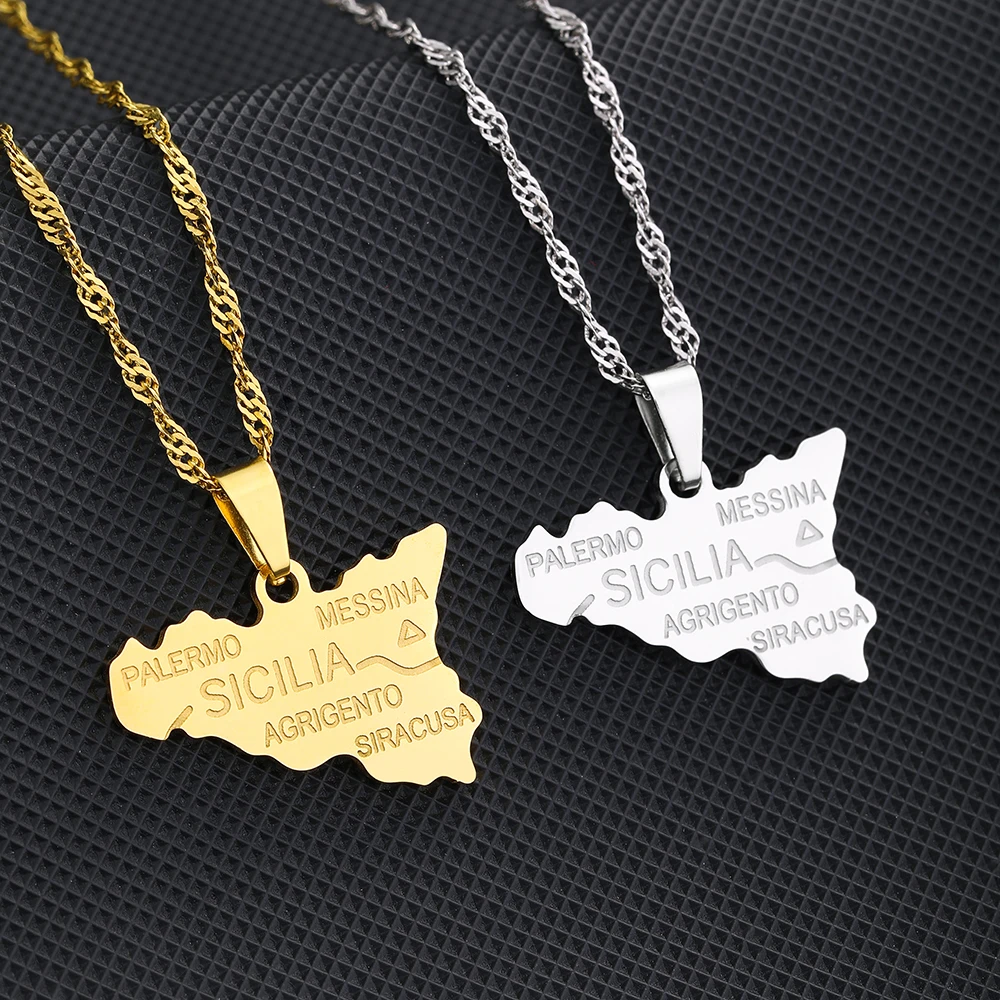 2022 New Italy Sicily Map With City Name Pendant Necklaces Gold Color Italian Sicilia Stainless Steel Jewelry For Women Gifts