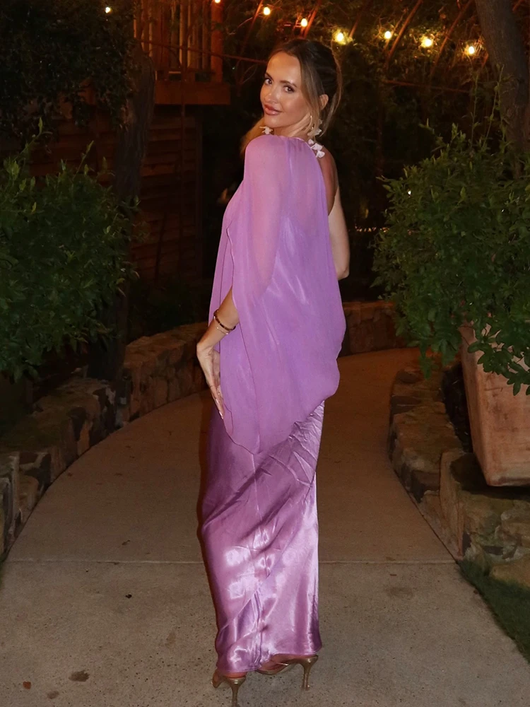 VC Women One Shoulder Chiffon Maxi Dress Elegant Gradient Pink Purple Dress Draped Pleated Satin Patchwork Bodycon Long Gown view 2