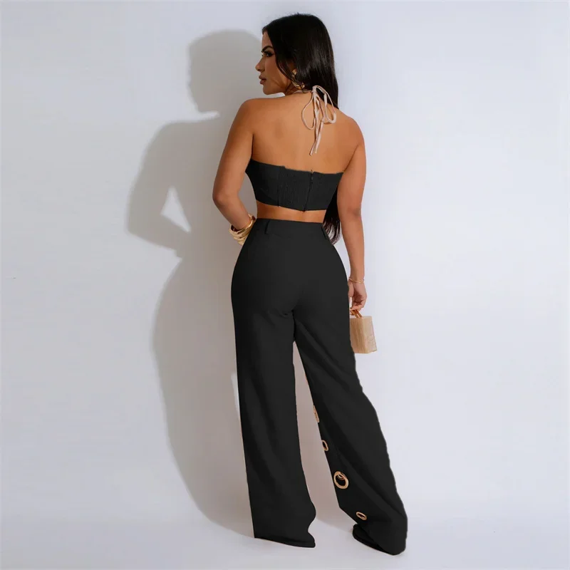 Sexy Night Party 2 Piece Sets Women Outfit Clubwear Festival Clothing Halter Crop Top and Pants Conjuntos Femininos Elegantes