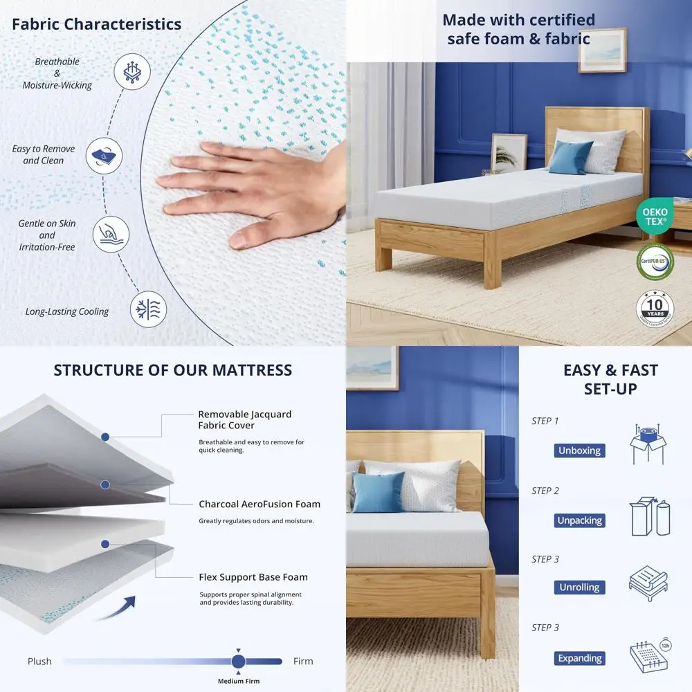 

6 Twin Gel Memory Foam Mattress for Kids with Charcoal Infused Cover, Certi-US, Temperature Regulating, Washable, Medium Firm, B