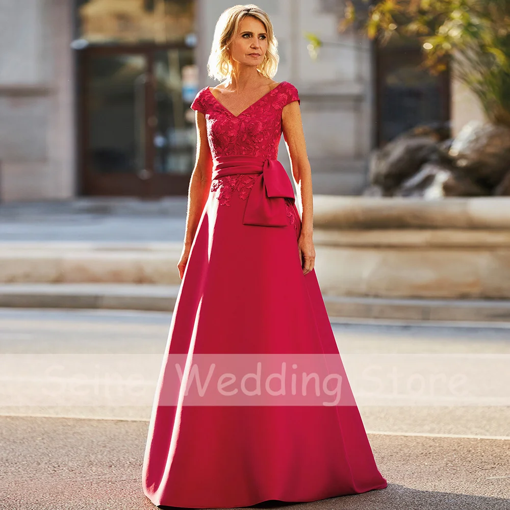 Satin Evening Party Gowns Red V-Neck Cap Sleeves Long Mother of the Bride Dress A-Line Lace Applique Sexy Wedding Guest