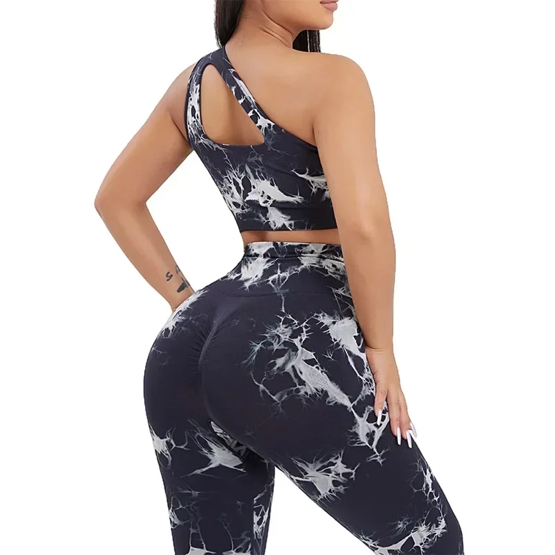 Seamless One-Shoulder Tie-Dye Yoga Sets Sports Fitness Hip-lifting Pants Tight Vest Suits Workout Gym Leggings Sets for Women