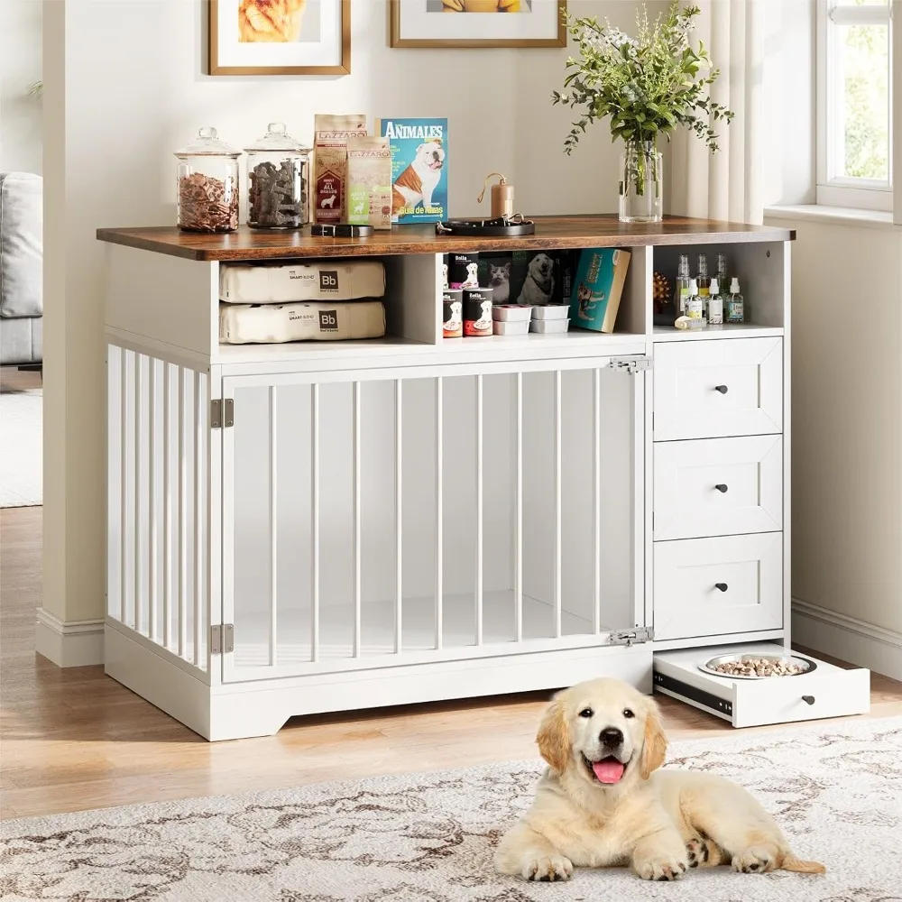 

48'' Farmhouse Dog Crate Furniture: Kennel with Bowl, Storage Drawers – Heavy-Duty End Table for Medium Dogs