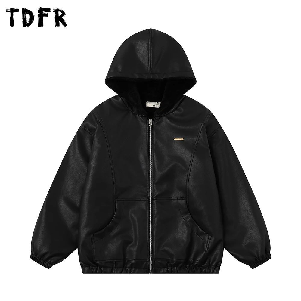 

Solid Color Spliced PU Leather Jacket Mens Casual Winter Fleece Thick Loose Long Sleeve Hooded Jacket Man