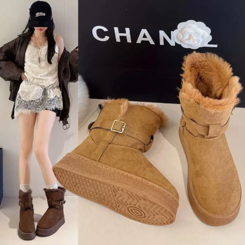 Autumn and Winter Women's Snow Boots New Flat Bottom Warm Cotton Ankle Boots Shoes Casual Plush Solid Short Botines for Women