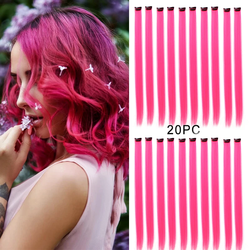 Colored Hair Extensions 20 Pcs Ombre Colored Clip in Straight Synthetic Hairpieces Girls 22Inch Party Highlights Hair Extensions