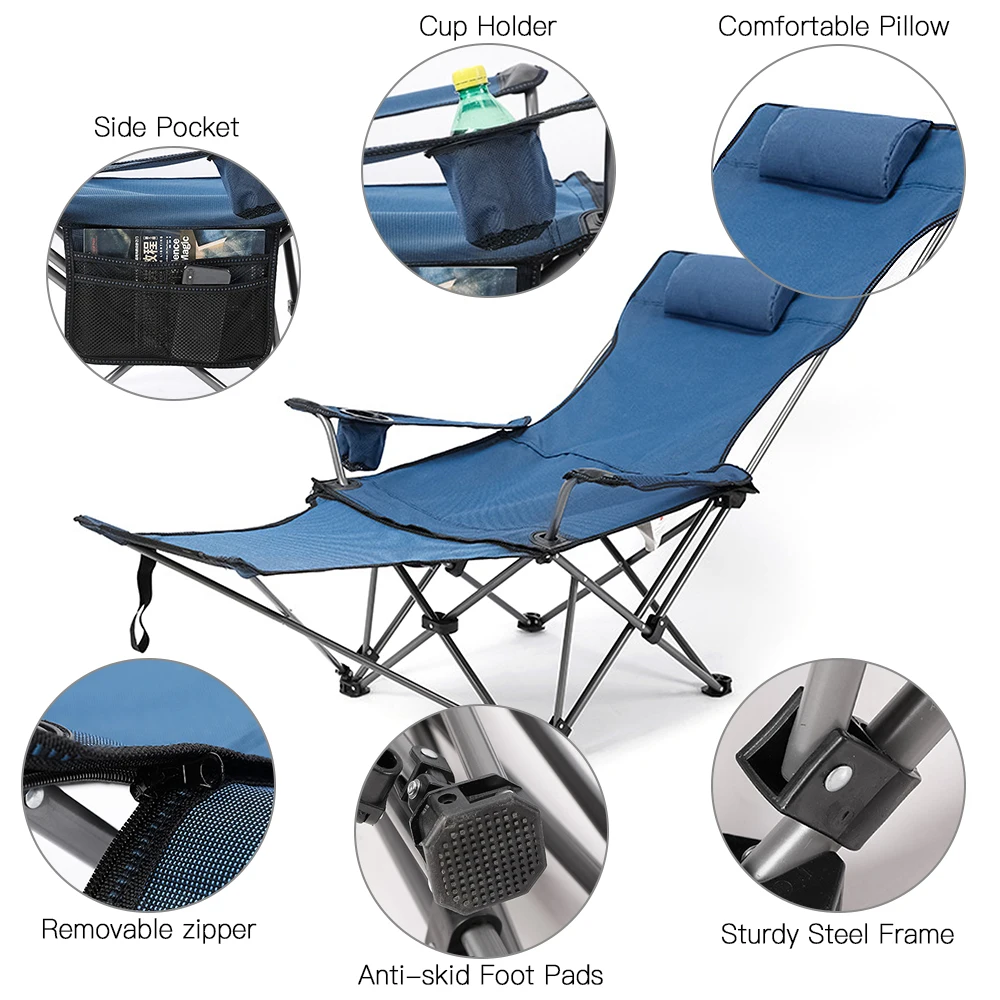 2 in 1 Folding Camping Chair Portable Adjustable Reclining Lounge Chair with Removable Footrest for Camping Fishing Picnics