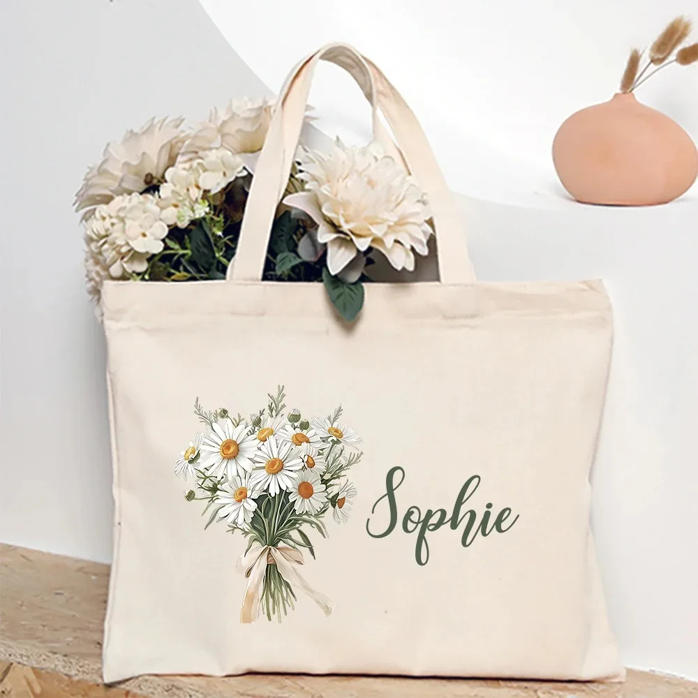 Personalized Shoulder Bag Birth Month Flower with Name Tote Bag Monogram Canvas Bags Wendding Birthday Holiday Best Gift for Her