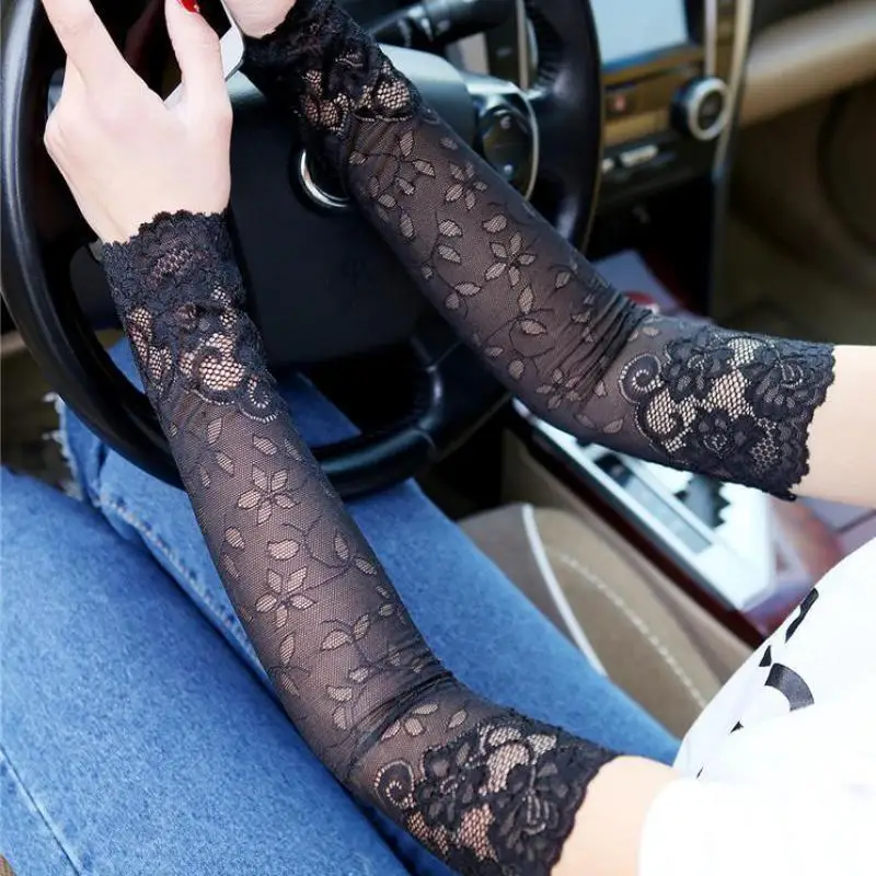 1Pair Lace Gloves Sunscreen Long Lace Fingerless Mittens Covered Scar Elastic Sleeve Ladies Driving Gloves