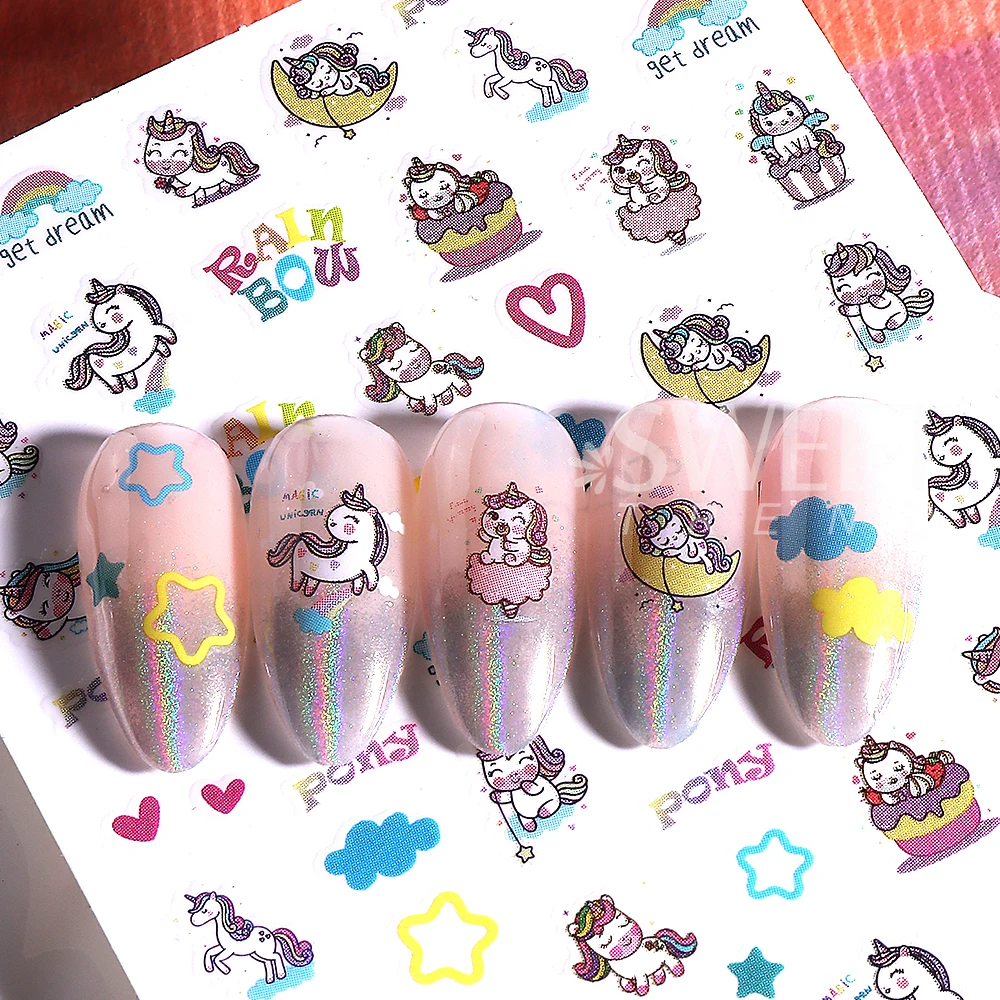 6 pçs bonito unicórnio adesivos de unhas 3d kawaii estrela amor coração arco-íris arco nuvens auto-adesivo decalques da arte do prego manicure decoração