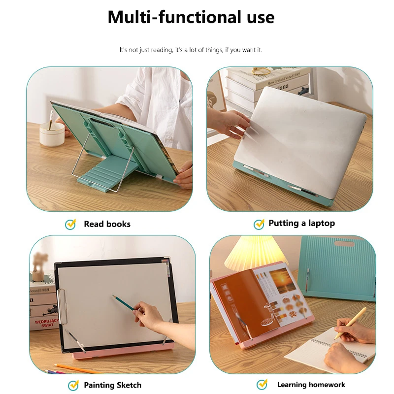 독서용 조절 가능한 플라스틱 책 스탠드 노트북 교과서용 접이식 데스크탑 라이저 - 페이지 클립이 있는 핸즈프리 요리책 스탠드