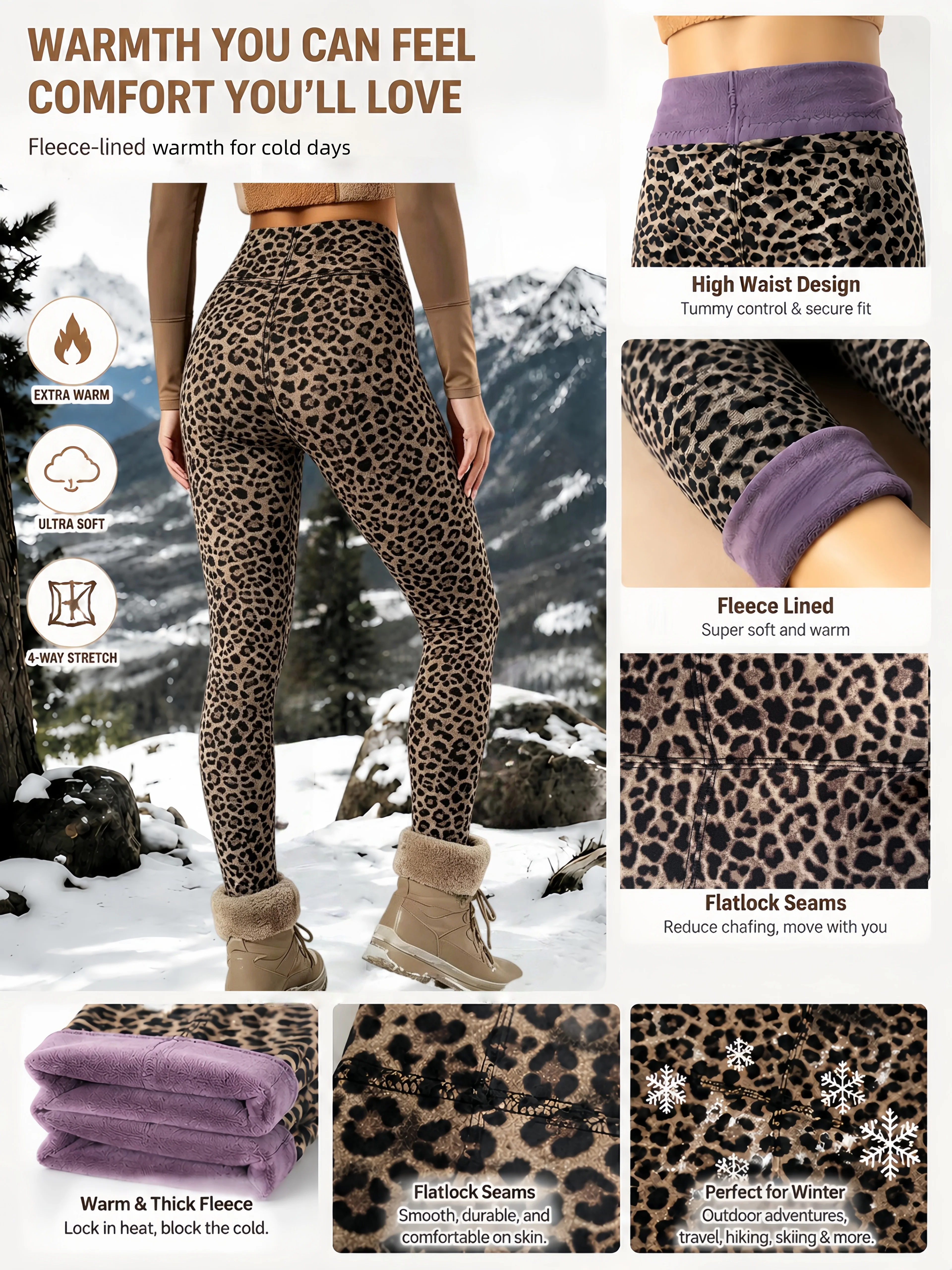 Women's Vintage Wild Leopard Print Fleece Lined V-Shaped  Ankle Leggings Purple Lining Heat Lock Cold Resistant Skinny  Pants