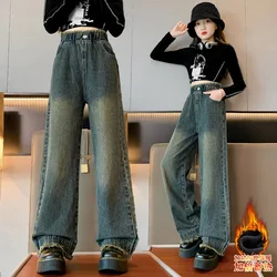 Girls Winter Jeans Fleece Thick Warm Loose Wide Leg Pants for Children Casual All-match Fashion Teenage School Kids Trousers