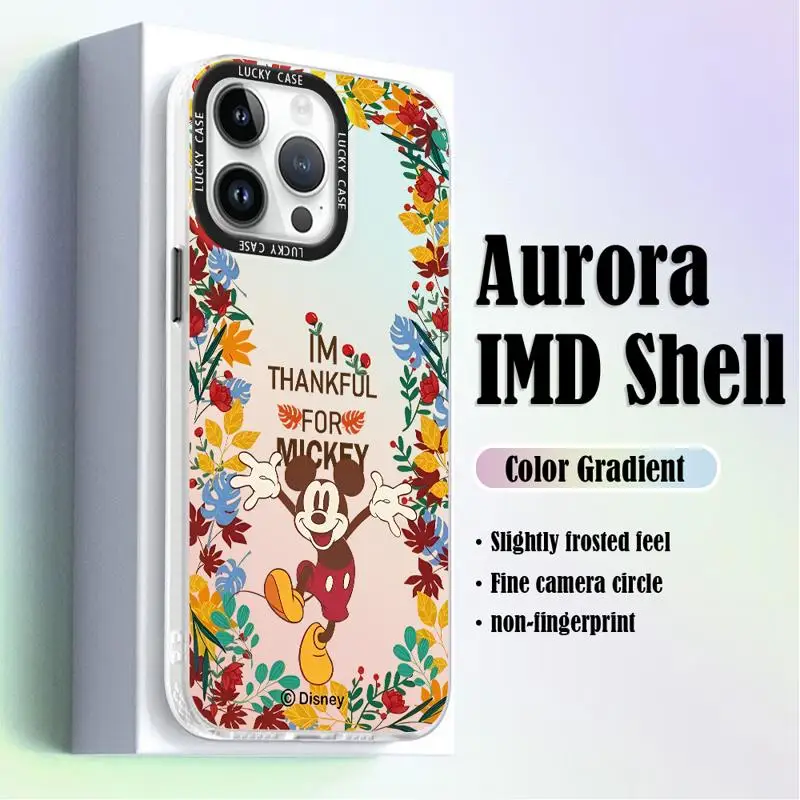 Iridescent Laser Clear Cover for iPhone 15 14 13 12 11 pro Max XS XR X 7 8 Disney Mickey Minnie Maple Leaves Gradient Color Case