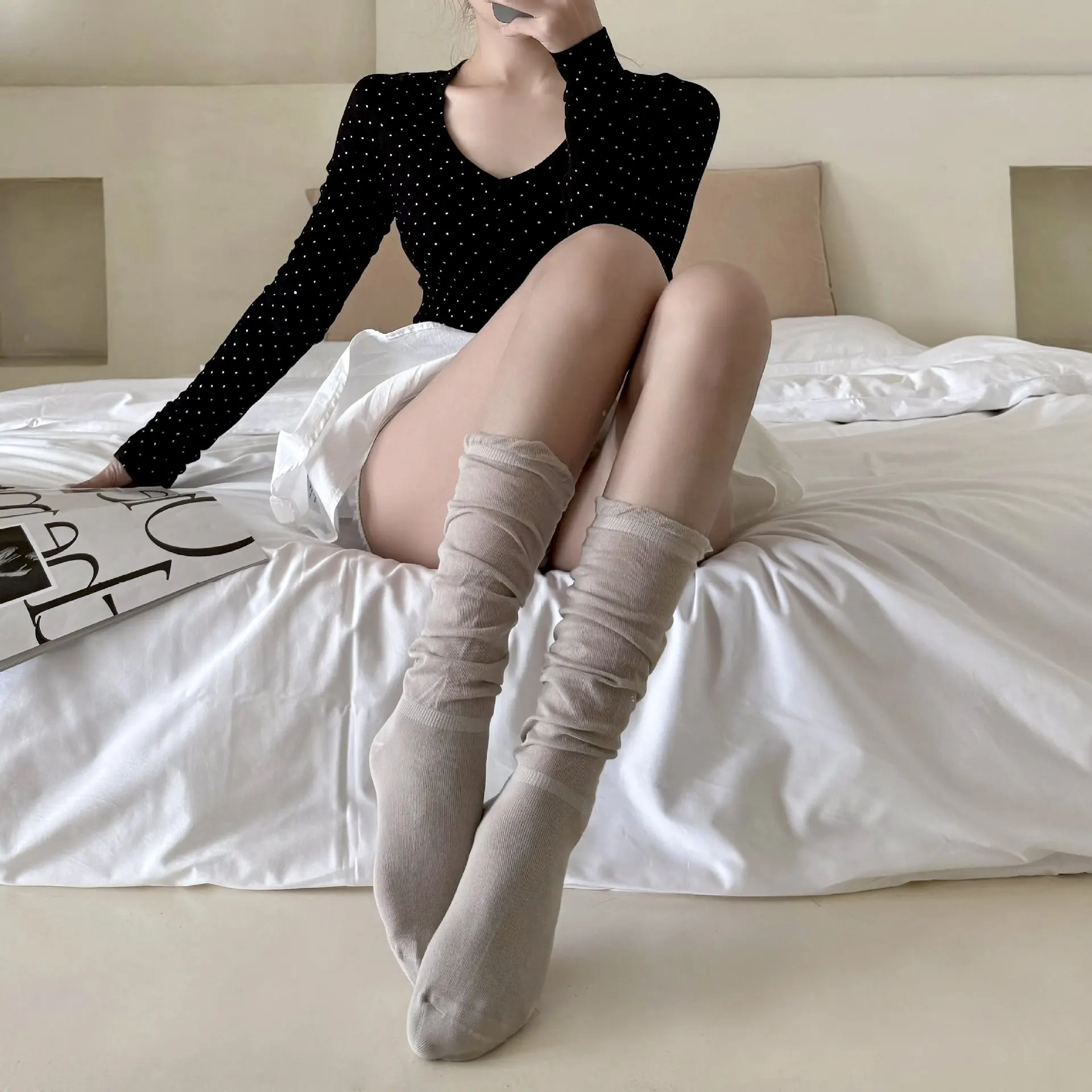 1Pair Women Spring Summer Solid Color Calf Socks Breathable Comfortable Korean Version Simple Ballet Style Casual Socks