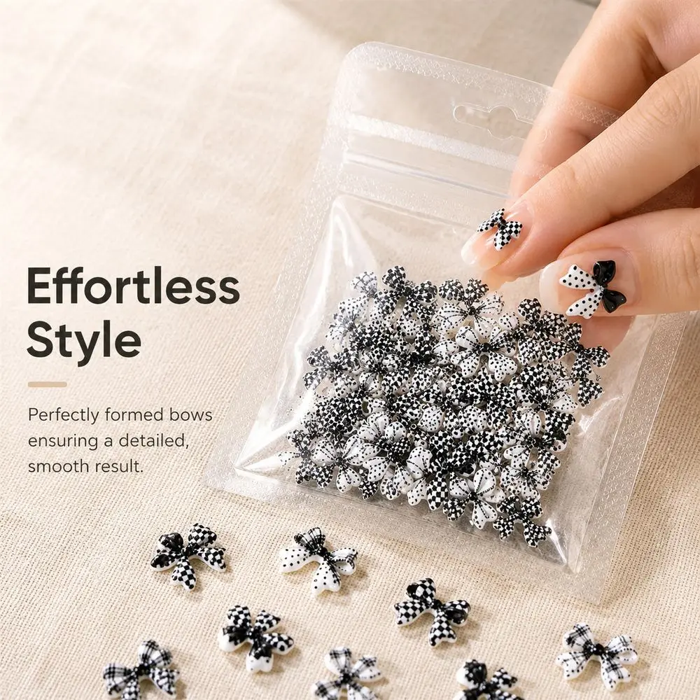 50Pcs 3D Stereo Bow Nail Ornaments Black White Polka Dot Checkerboard Resin Charms For DIY Acrylic Nail Art Decoration