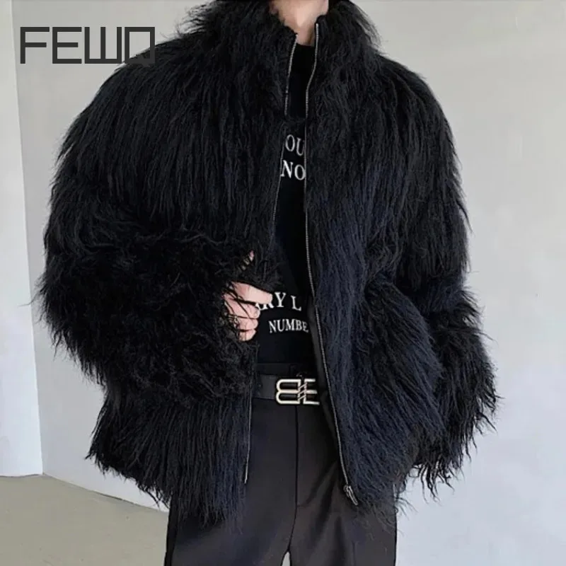 FEWQ Men\'s Fur Clothing Cotton Jacket Fashion Solid Color 2024 Autumn Winter New Trendy Menwear Stand Collar Loose Top 9C3655