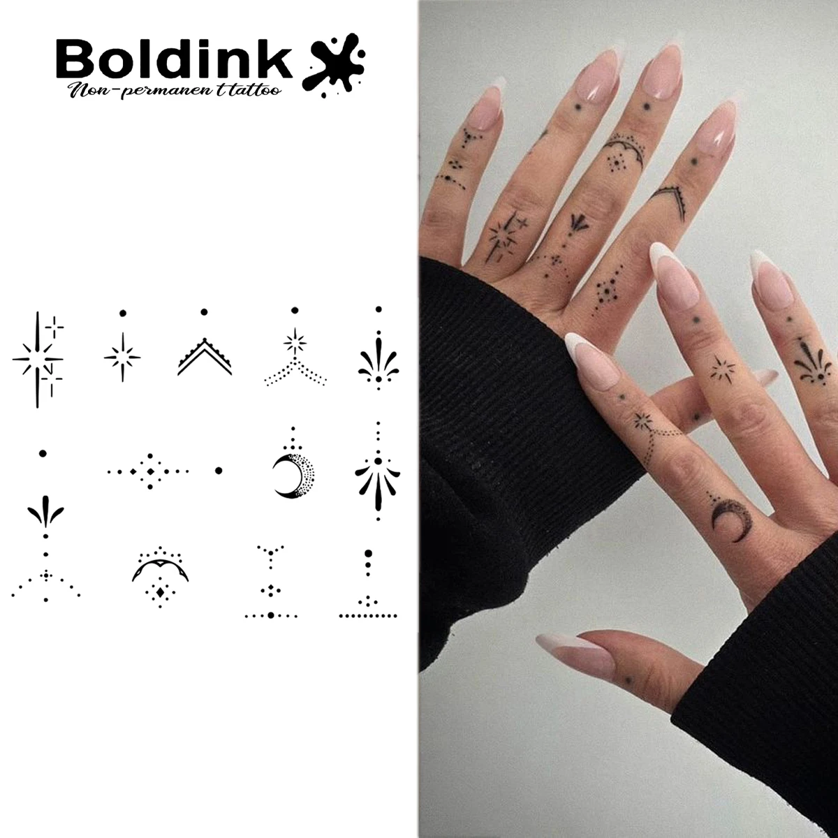 

Finger Mini Temporary Tattoo, Lasts 15 Days. New Tech Waterproof Semi - Permanent Sticker. Delicate Star, Moon & Dot Patterns.