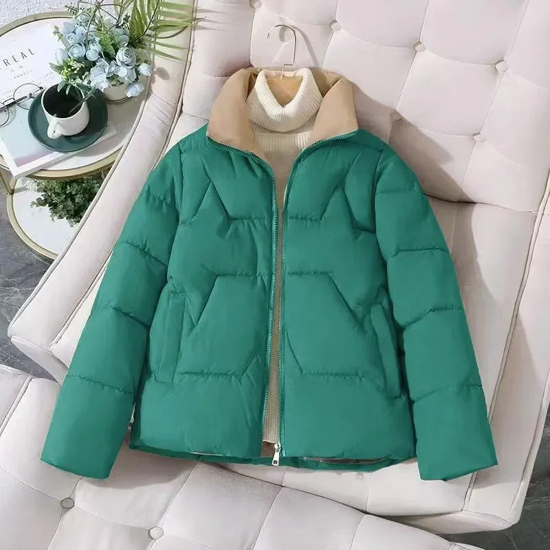 Verdickte kurze Baumwolljacke für Damen 2025, lockere Passform, Stehkragen, Herbst-Winter-Mode-Oberbekleidung, vielseitiger Baumwollmantel