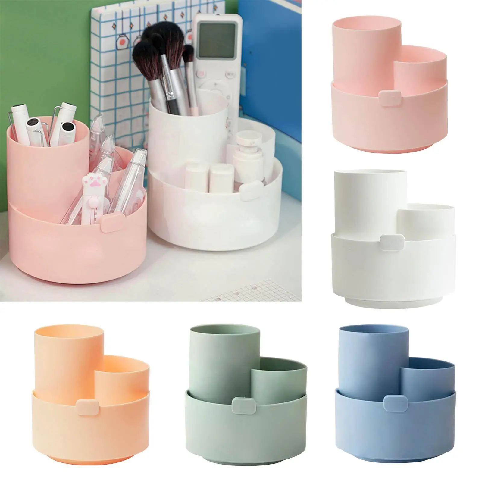 Cute Rotatable Pen Holder 3 Slots Pencil Cup Spinning Rack Multipurpose Desktop Stationary Organizer for Home Round Storage Box