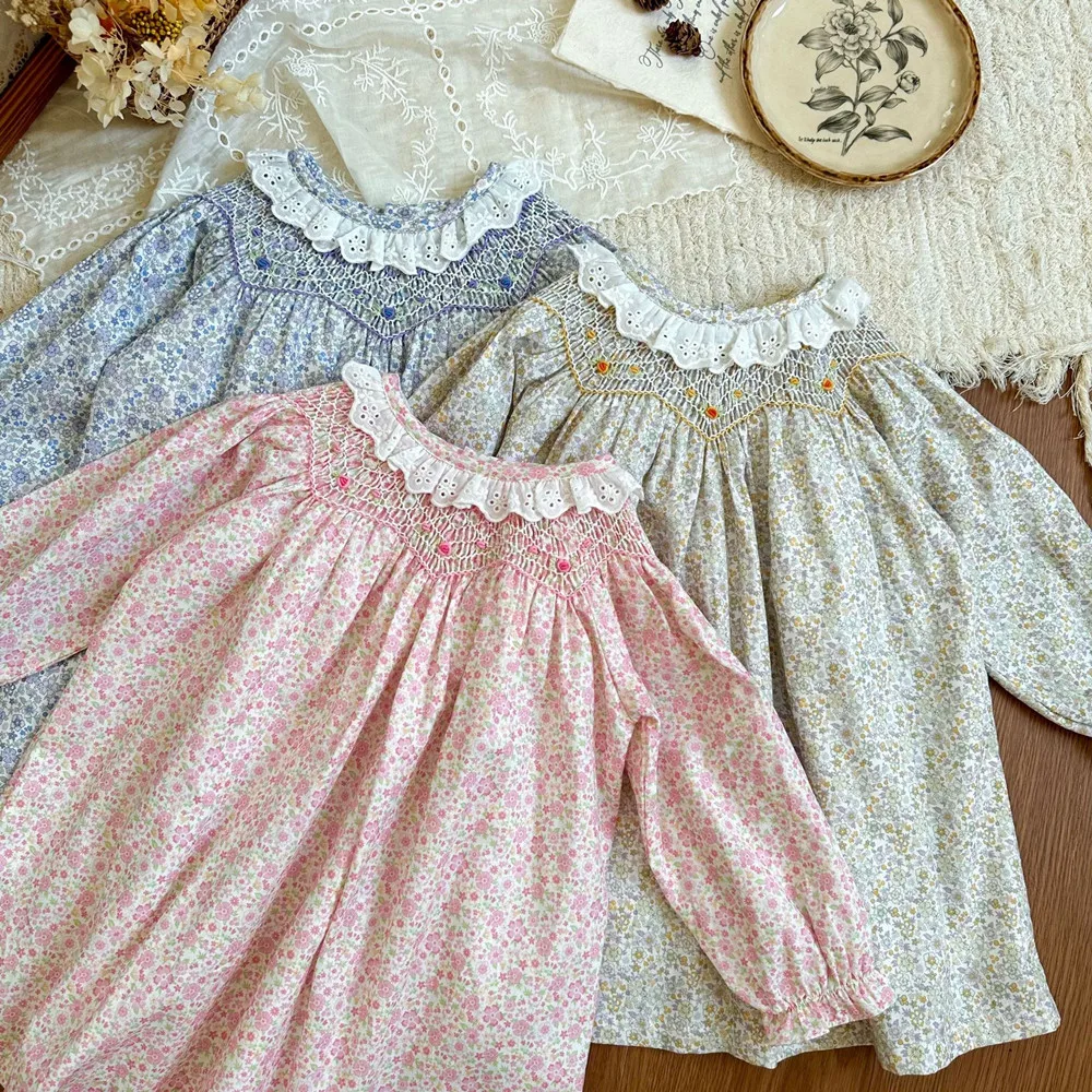 Autumn girls' long sleeved dress kids dresses cotton French countryside style hand embroidered floral pattern dress