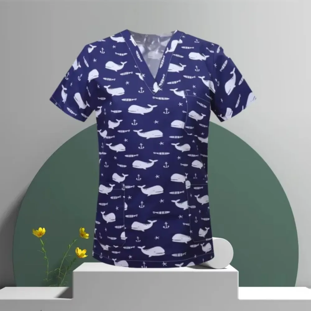 ملابس التمريض النسائية عالية الجودة طباعة الملحقات الأطباء الزي الطبي مستشفى ممرضة صالون تجميل الدعك أعلى النساء