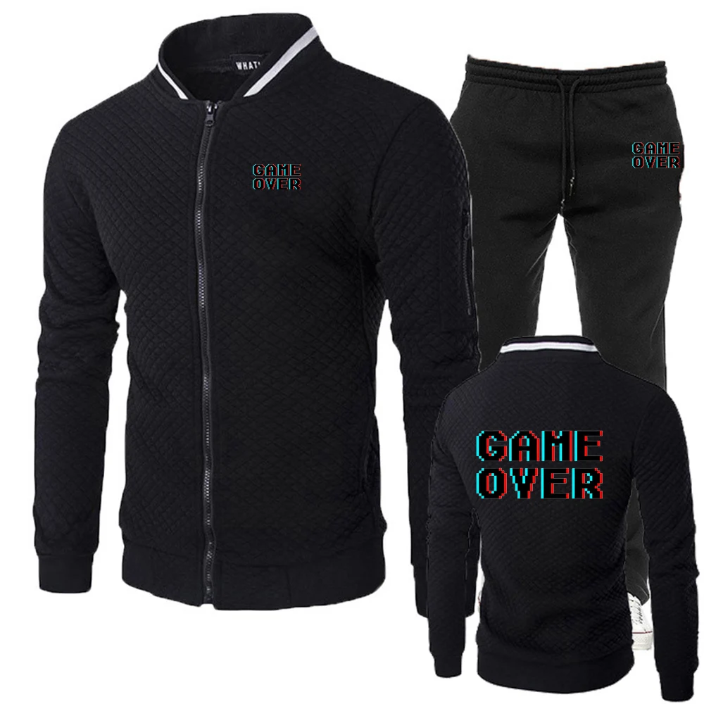 

2025 Spring And Autumn Game Over 80s Oversized Print New Men's Slim-fit Set Casual Zipper Sportswear + Trousers Two-piece Suit