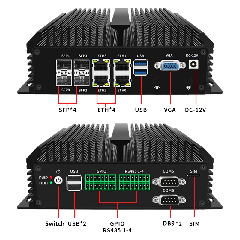 4x10G SFP+ Брандмауэрный маршрутизатор с 2,5G LAN Atom C3758 8-ядерный домашний сервер Твердый мини-ПК без вентилятора с 6*COM AES-NI и GPIO