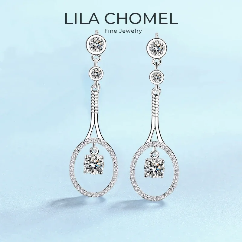 

Girl Birthday Gift 18K White Gold Tennis Racket Shape Drop Earrings 1CT Moissanite Diamond Women PT950 Platinum Valentine's Day