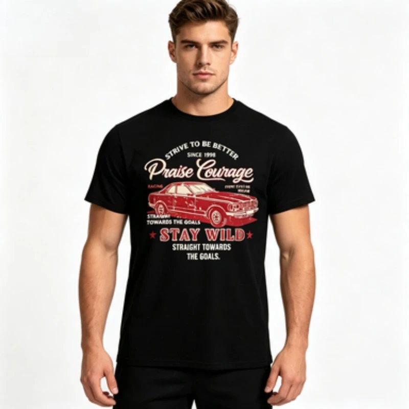 Praise Courage' Vintage Racing T-Shirt | Classic Car Graphic Tee for Men | Casual  Top | Black & White