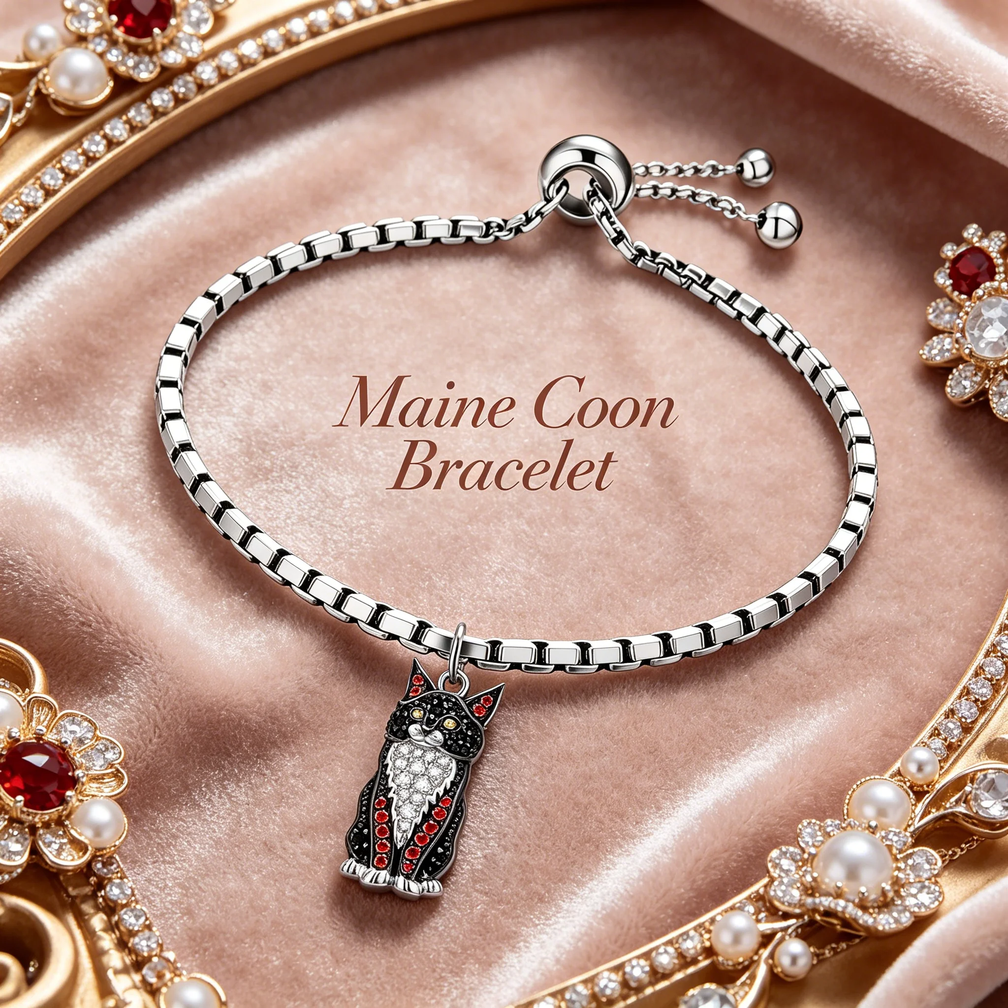 Silvery Zinc Alloy Maine Coon Cat Adjustable Bracelet Red & Clear Faux Crystal Cat Lover Pet Jewelry Gift