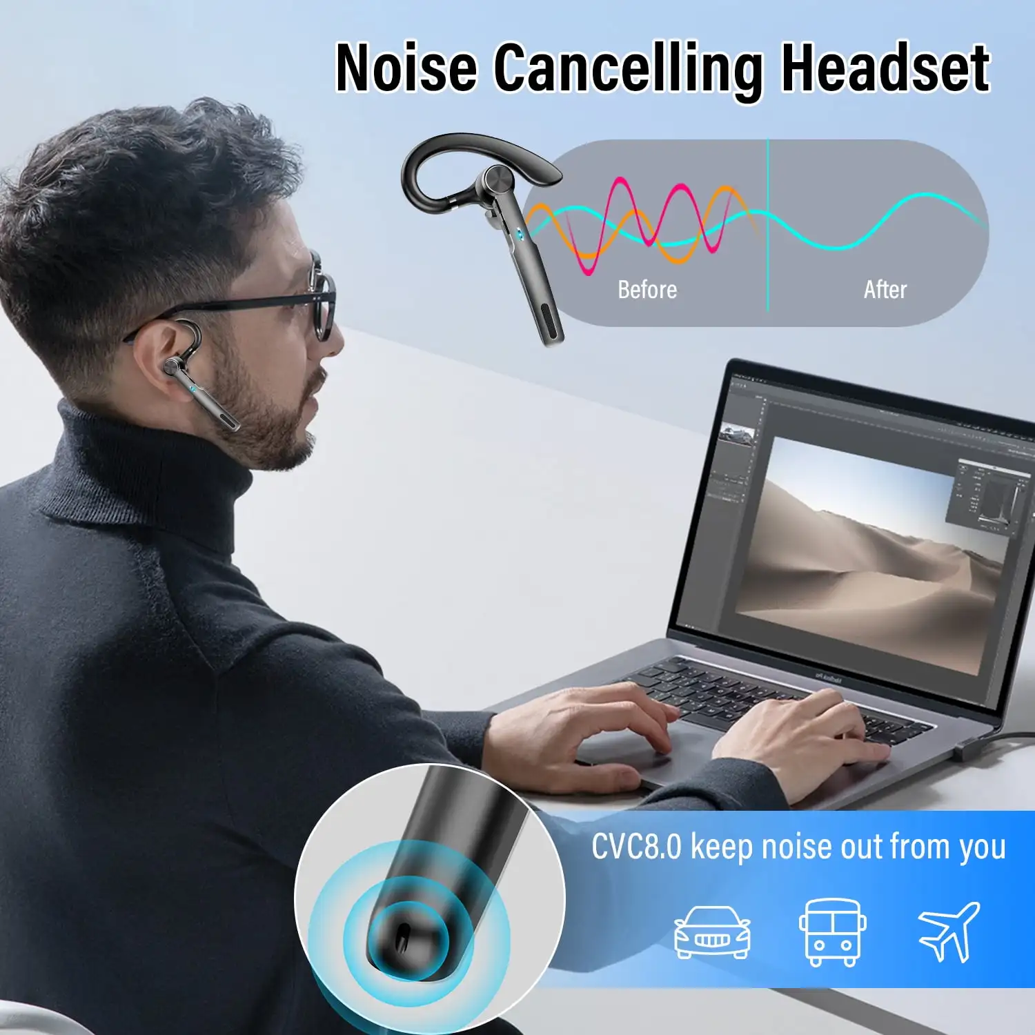 سماعة بلوتوث أذن واحدة مع ميكروفون ENC مع صوت ستيريو HiFi لمدة 72 ساعة وقت التحدث سماعة رأس لاسلكية #3