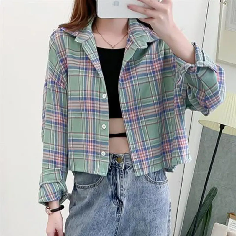 Women\'s Autumn Casual Simplicity Plaid Polo Collar Long Sleeve Shirts Women Clothes Fashion Loose All-match Temperament Tops