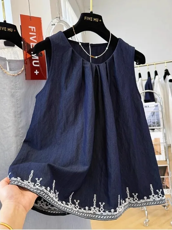 

Loose Cotton Linen Svel Women's Top Summer Casual Outerwear Vest irt A-Line Skirt Sle Blue Color Commute Sle