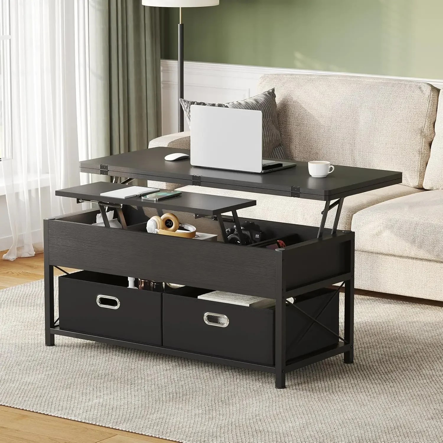 Lift Top Coffee Table, 4 in 1 Multi-Function Dining Table with Hidden Compartment &2 Drawers, Convertible Square Center ，Black