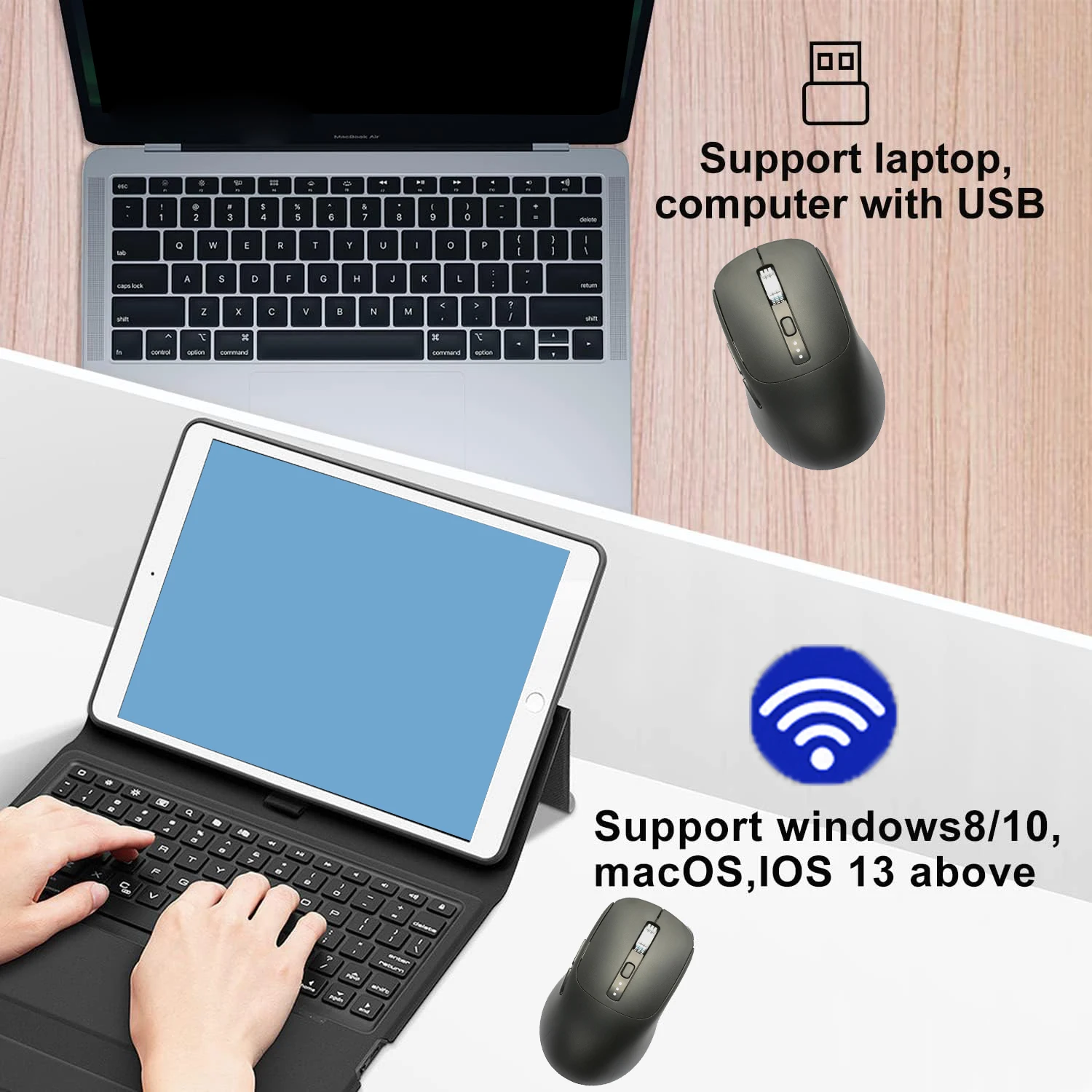 Wireless Mouse Bluetooth-Compatible 2.4G Rechargeable Ergonomic Mouse Battery Level Visible Mice for Tablet Laptop Computer Game