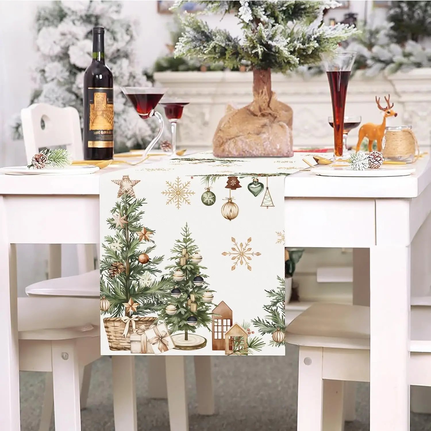 Christmas Snowflakes Xmas Trees Holly Table Runner Party Decor Winter Holiday Kitchen Dining Table Runner Christmas Decorations