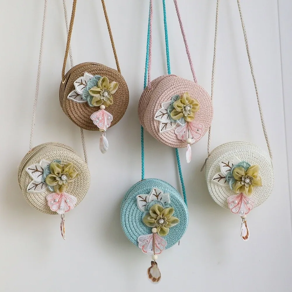Coin Purse Round Shape Straw Bag Flower Woven Design Mini Handbag Handmade Crossbody Style Princess Handbag Princess Theme