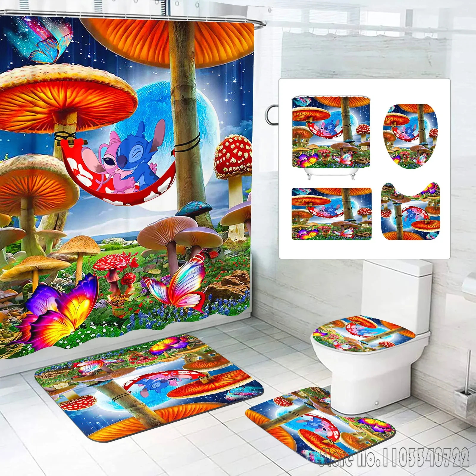 Stitch Angle Disney Bath Shower Curtain Set 4pcs with Hooks Waterproof Bathroom Toilet Mat Lid Decor