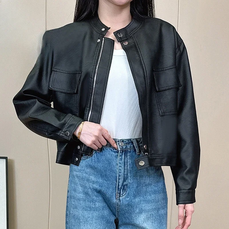 2024 Spring and Autumn New Casual Fashion Slim and Versatile Short Leather Jacket