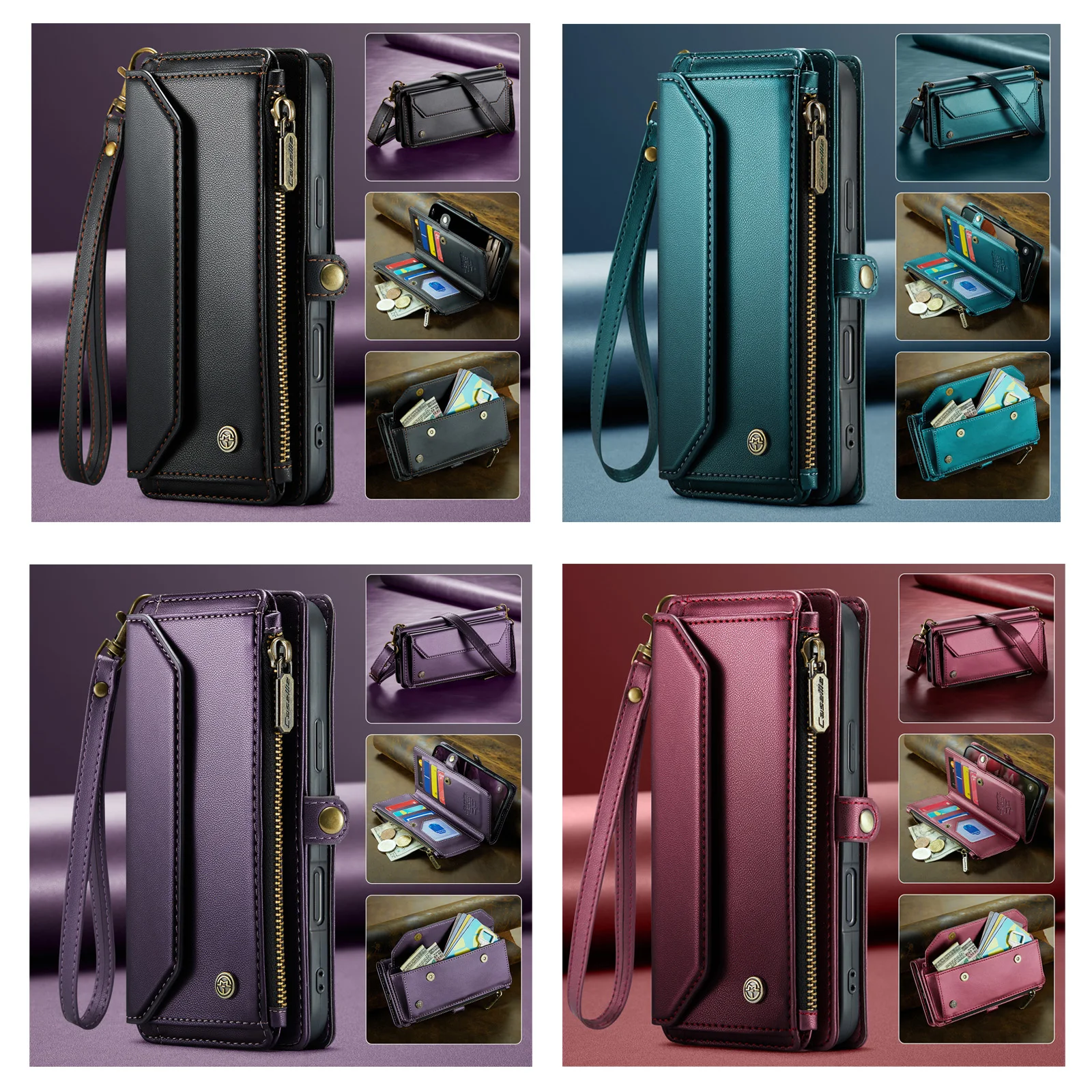 

Caseme-C36 Wallet Case For iPhone 17 16 15 14 13 11 12 ProMax Mini 6 7 8 Plus PU Leather Card Slot Phone Cover Adjustable Strap