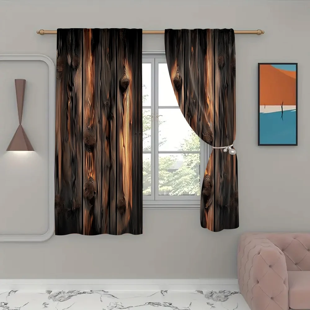 2Pcs Vintage Wood Textured Curtains Rustic Light Filtering Curtains For Kitchen Living Room Office Bedroom Home Decor D